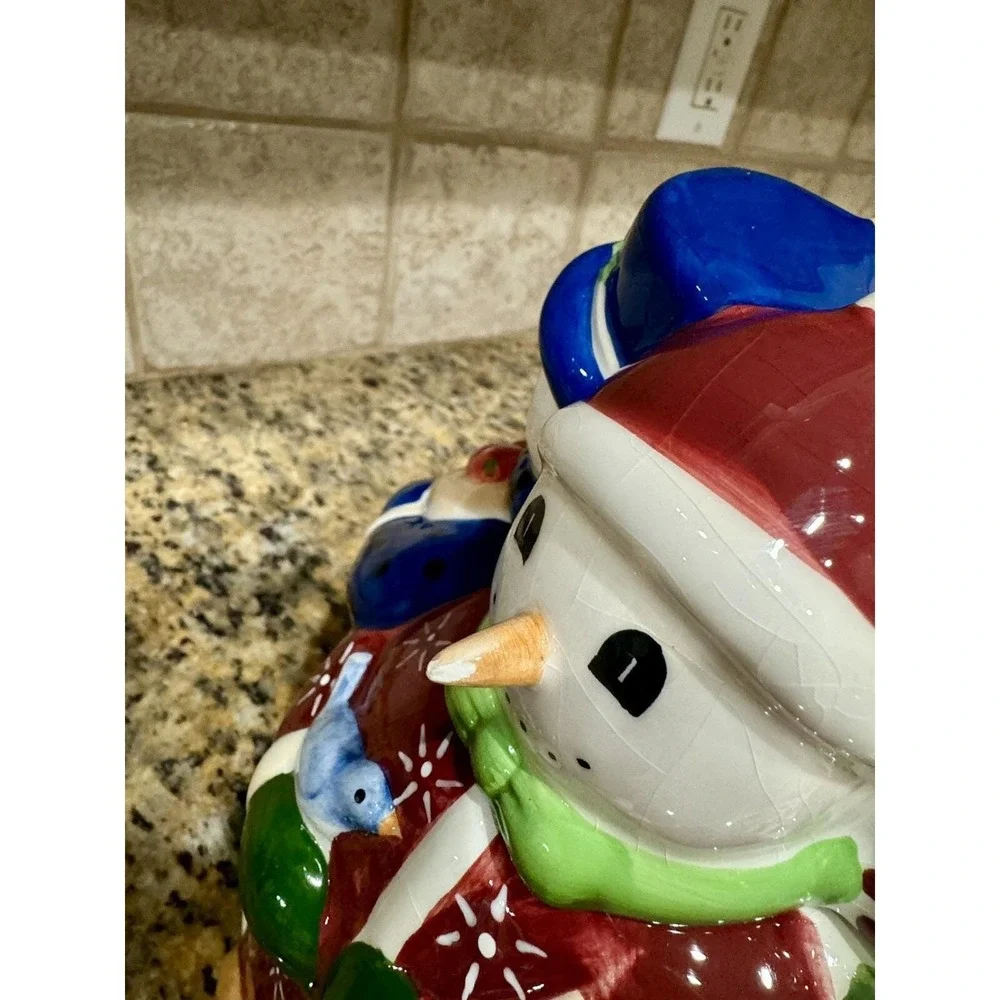Block Snow People Cookie Jar 1999 Gear Ceramic Multi-Color‎ 4-Snowmen Holiday